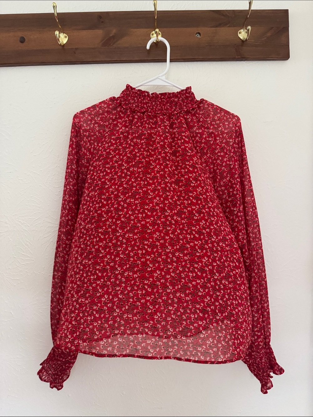 GAP Red Floral Ruffle-Neck Long Sleeve Blouse